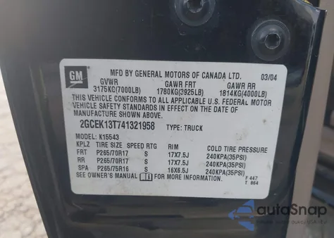 2004 Chevrolet Silverado 1500 Z71 z USA, uszkodzony, nr VIN 2GCEK13T741321958